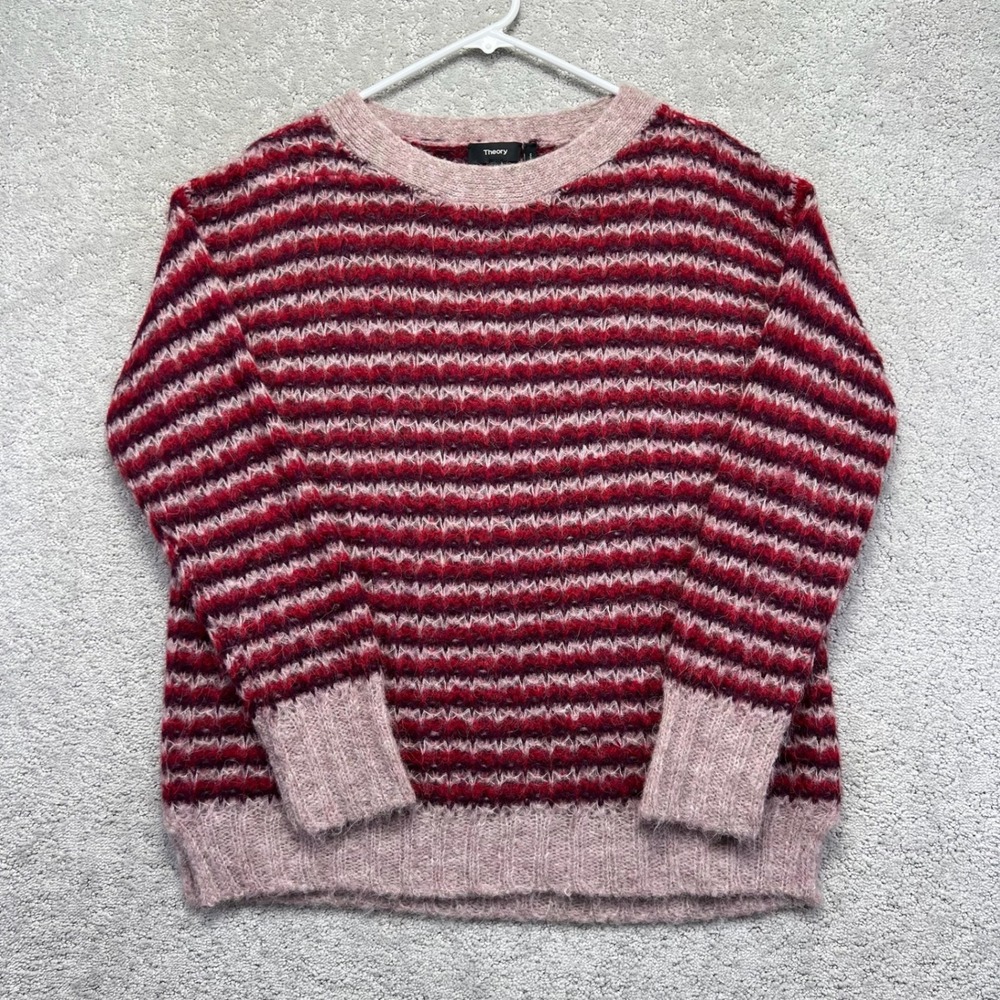 Theory Sweater Womens Medium Pink Red Striped Mohair Alpaca Blend Fuzzy Crewneck
